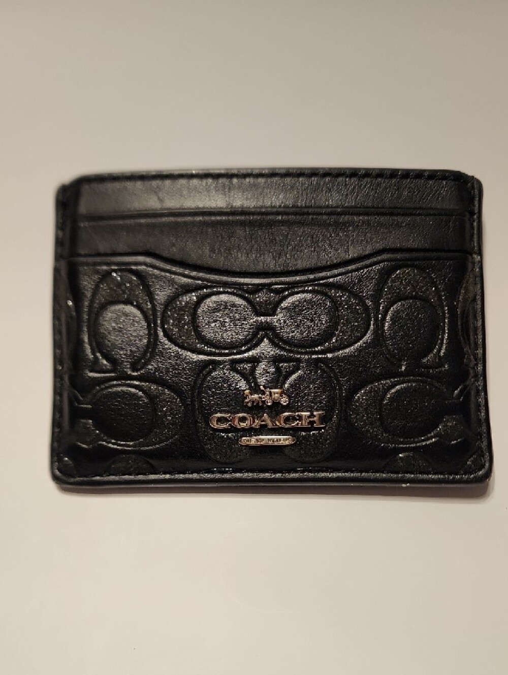 COACH Black Signature Embossed Leather Card Holder